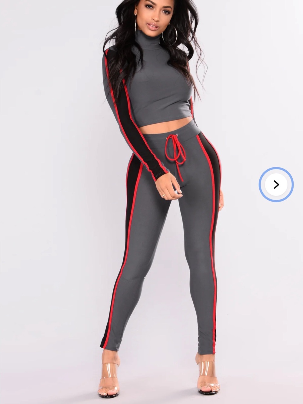 Fashion Nova Gray, Black & Red High-Waist Leggings with Side Stripe & Top
